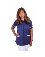 Model wearing a navy blue healthcare tunic  with white trim and concealed front stud fastening.