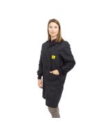 An ESD lab coat in black fabric with elastic black matching cuffs