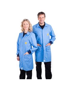Our unisex ESD Lab Coat in a light blue polyester cotton fabric with elastic cuffs